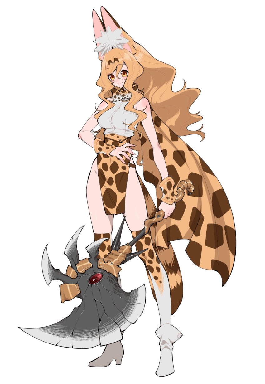 1girl :3 adapted_costume aged_up alternate_hairstyle animal_ear_fluff animal_print arm_at_side axe bare_arms bare_shoulders battle_axe blonde_hair bow bowtie bracer breast_pocket breasts brown_hair buttons closed_mouth full_body hair_between_eyes high-waist_skirt highres holding holding_axe holding_weapon kemono_friends knees_together_feet_apart legs_apart long_hair looking_at_viewer multicolored_hair notora over-kneehighs pocket print_bow print_bowtie print_scarf print_skirt print_thighhighs scarf serval_(kemono_friends) shirt shirt_tucked_in shoes simple_background skirt sleeveless sleeveless_shirt smile solo standing standing_on_one_leg taut_clothes taut_shirt thighhighs two-tone_hair very_long_hair weapon white_shirt yellow_eyes