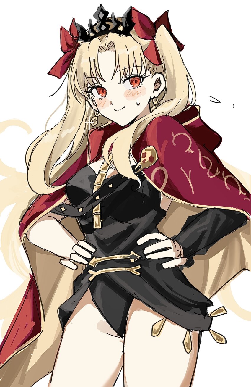 1girl absurdres black_dress black_sleeves black_tiara blonde_hair blush breasts cape commentary cowboy_shot dress earrings ereshkigal_(fate) fate/grand_order fate_(series) glint gold_earrings gold_trim hair_ribbon hands_on_own_hips highres jewelry long_hair looking_to_the_side medium_breasts parted_bangs red_cape red_eyes red_ribbon ribbon shiho_(shihoteifujo) simple_background single_sleeve skull_ornament smile solo sweatdrop thighs three_quarter_view tiara two_side_up white_background