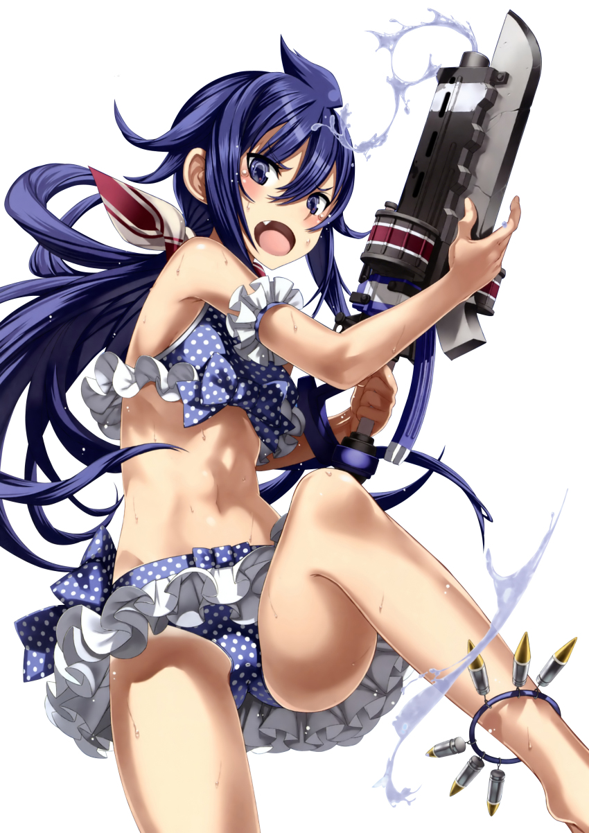 00s 10s 1girl :o absurdres ahoge ankleband bikini bikini_skirt blue_eyes blue_hair blue_sky breasts fang female_focus hair_between_eyes highres honjou_raita imca leg_up long_hair low_ponytail matching_hair/eyes navel open_mouth polka_dot polka_dot_bikini polka_dot_swimsuit senjou_no_valkyria senjou_no_valkyria_(series) senjou_no_valkyria_3 simple_background sky small_breasts solo swimsuit tears very_long_hair water water_gun wet