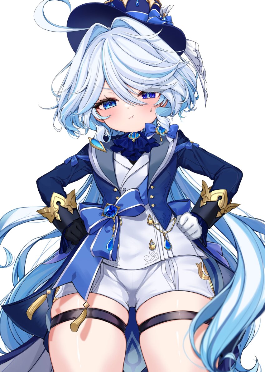 1girl absurdres ahoge ascot asymmetrical_gloves black_gloves blue_ascot blue_brooch blue_eyes blue_hair blue_hat blue_jacket blush closed_mouth commentary_request cowlick drop-shaped_pupils furina_(genshin_impact) genshin_impact gloves hair_between_eyes hands_on_own_hips hat heterochromia highres ineka_ka jacket light_blue_hair long_hair long_sleeves looking_at_viewer mismatched_gloves multicolored_hair pout short_shorts shorts simple_background skindentation solo streaked_hair sweatdrop symbol-shaped_pupils thigh_strap thighs top_hat very_long_hair white_background white_gloves white_hair white_shorts