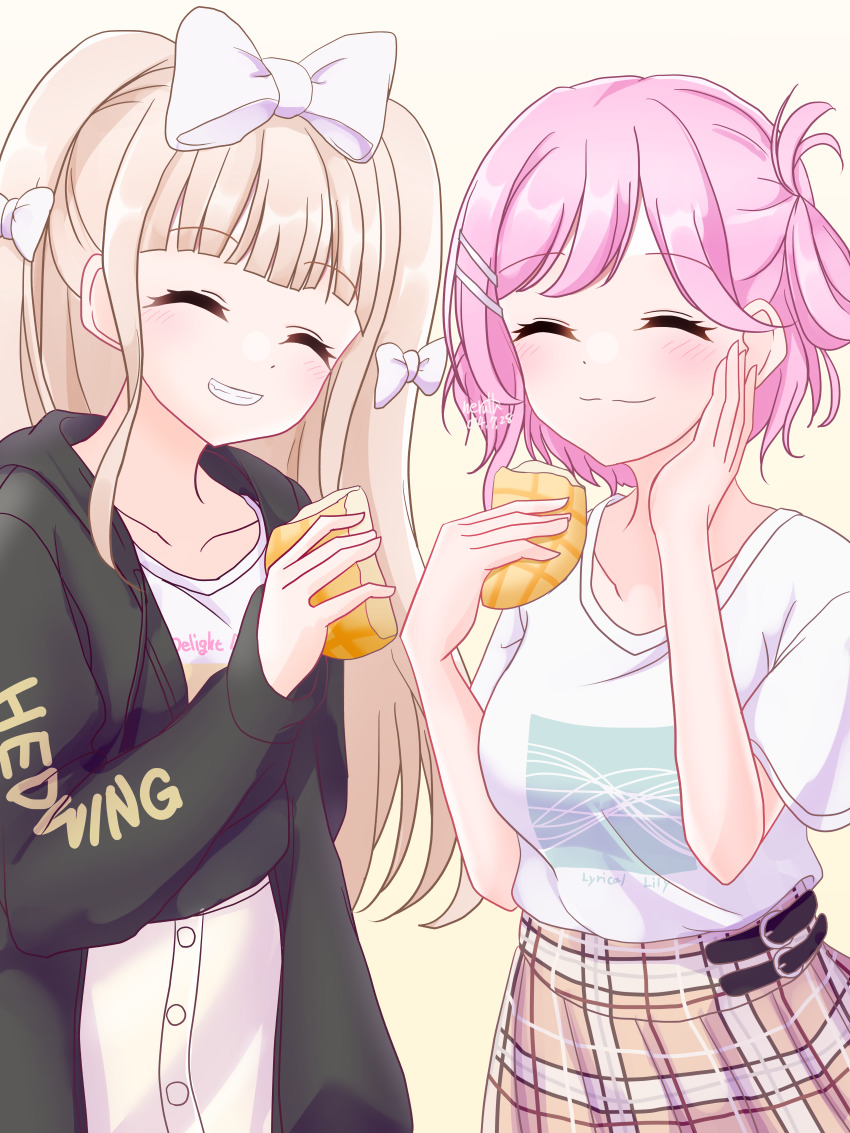 2girls :3 absurdres blonde_hair blunt_bangs blush bow bread closed_eyes commentary_request d4dj eating folded_ponytail food grin hair_bow hair_ornament hairclip hand_on_own_cheek hand_on_own_face highres holding holding_food hood hoodie long_hair long_sleeves melon_bread multiple_girls neruth one_side_up open_clothes open_hoodie plaid_clothes plaid_skirt sakurada_miyu shiratori_kurumi_(d4dj) shirt shirt_tucked_in short_hair short_sleeves skirt smile t-shirt two_side_up