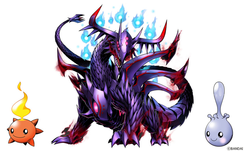 artist_request aura baby blue_fire colored_skin commentary_request digimon digimon_(creature) dragon extra_eyes fire huanglongmon_ruin_mode moonmon no_humans official_art open_mouth purple_skin red_eyes sharp_teeth simple_background sunmon teeth white_background