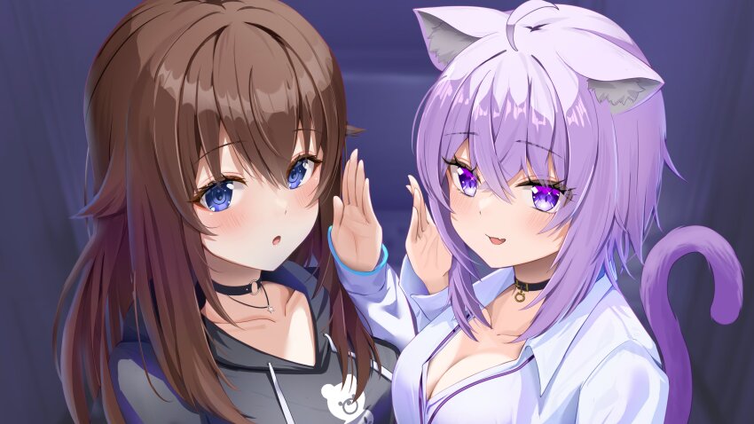 2girls absurdres ahoge animal_ears black_collar blue_eyes breasts brown_hair cat_ears cat_tail choker cleavage collar fang highres hololive hood hoodie multiple_girls nekomata_okayu nekomata_okayu_(oversized_shirt) o-ring o-ring_choker purple_eyes purple_hair shirt skin_fang tail tokino_sora tokino_sora_(streetwear) torakichi_888 virtual_youtuber white_shirt