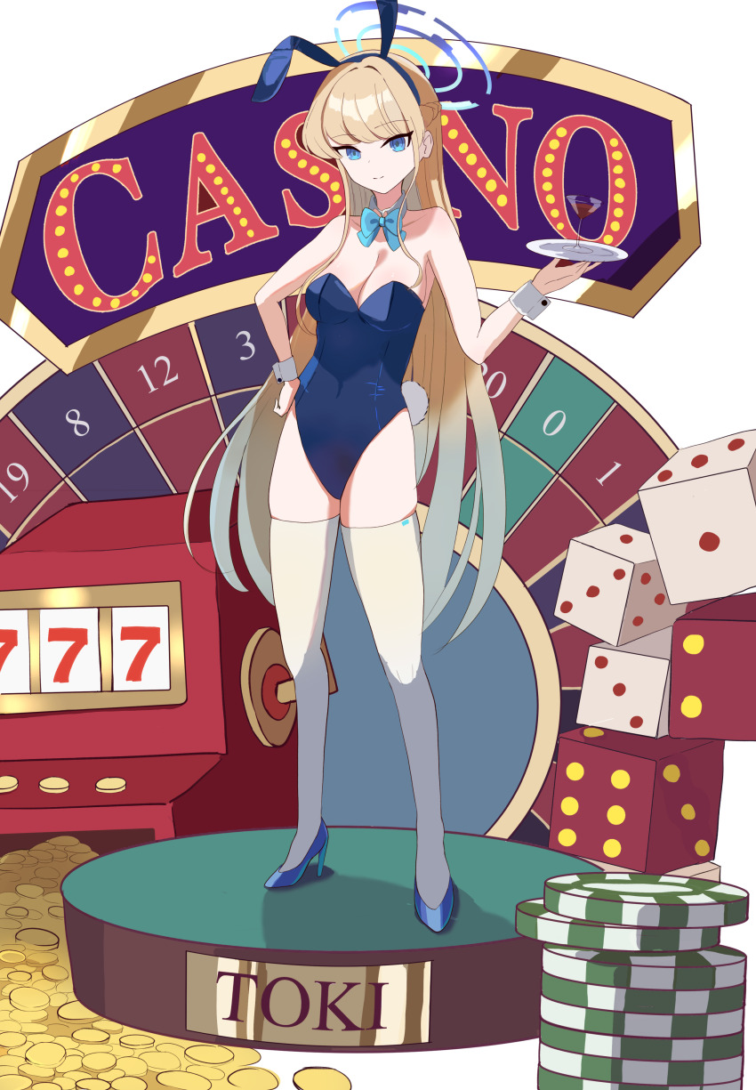 1girl absurdres animal_ears aqua_bow aqua_bowtie blonde_hair blue_archive blue_halo bow bowtie breasts casino character_name closed_mouth cocktail_glass commentary_request cup detached_collar dice drinking_glass fake_animal_ears fake_tail full_body halo hand_on_own_hip highleg highres holding holding_plate leotard long_hair looking_at_viewer official_alternate_costume plate playboy_bunny poker_chip rabbit_ears rabbit_tail roulette_table slot_machine smile smyin_rii solo standing strapless strapless_leotard table tail thighhighs toki_(blue_archive) toki_(bunny)_(blue_archive) white_thighhighs white_wrist_cuffs wrist_cuffs