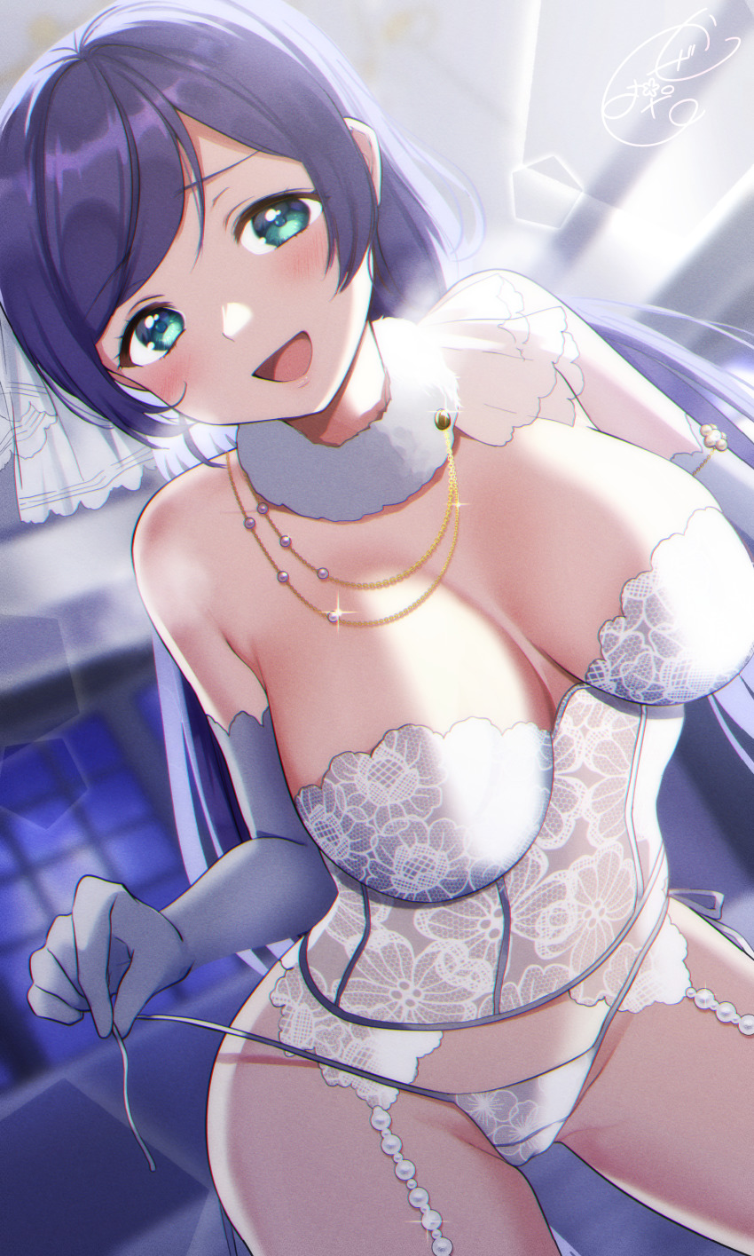 1girl absurdres bare_shoulders breasts brooch cameltoe cleavage corset couch elbow_gloves fur_collar garter_straps gloves highres indoors jewelry kazepana lace lace_panties large_breasts light_particles lingerie long_hair love_live! love_live!_school_idol_project low_twintails night panties pearl purple_hair side-tie_panties signature string_panties tojo_nozomi twintails underwear untied_panties white_gloves white_panties window