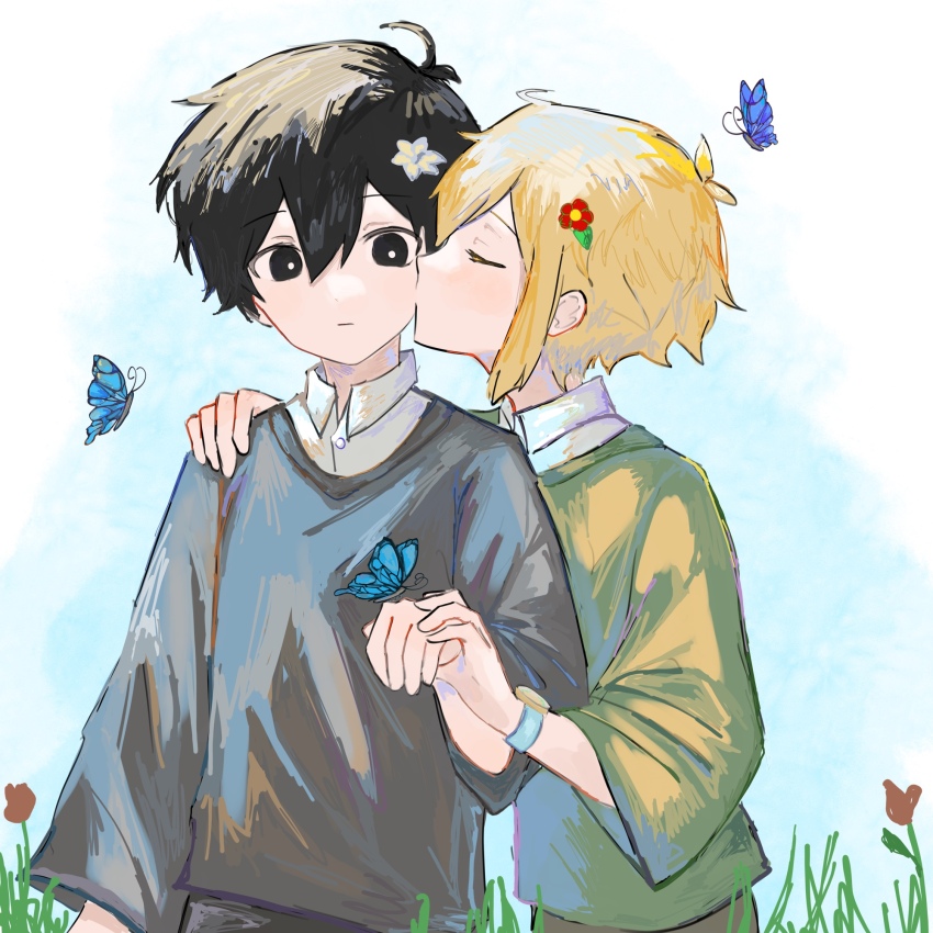 2boys alternate_costume antenna_hair basil_(faraway)_(omori) basil_(omori) black_eyes black_hair blonde_hair blue_butterfly bright_pupils bug butterfly closed_eyes closed_mouth collared_shirt flower hair_flower hair_ornament highres insect long_sleeves male_focus multiple_boys omori shirt short_hair sunny_(omori) ttyyuwwuw white_pupils white_shirt yaoi