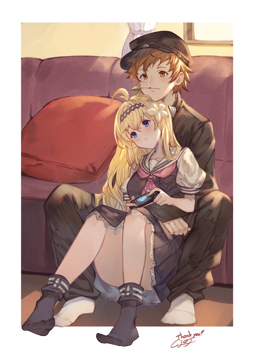 1girl absurdres ahoge ayacho black_jacket black_pants black_socks blonde_hair blue_eyes blush border brown_eyes brown_hair cabbie_hat commission controller couch diadem flower gakuran game_controller gran_(granblue_fantasy) granblue_fantasy hair_flower hair_ornament hat highres holding holding_controller holding_game_controller hug hug_from_behind indoors jacket jeanne_d&#039;arc_(granblue_fantasy) leaf lily_(flower) long_hair looking_ahead mouth_hold neckerchief outside_border pants pink_neckerchief pleated_skirt puffy_short_sleeves puffy_sleeves sailor_collar school_uniform short_hair short_sleeves sitting skeb_commission skirt socks solo thank_you white_border white_flower white_socks