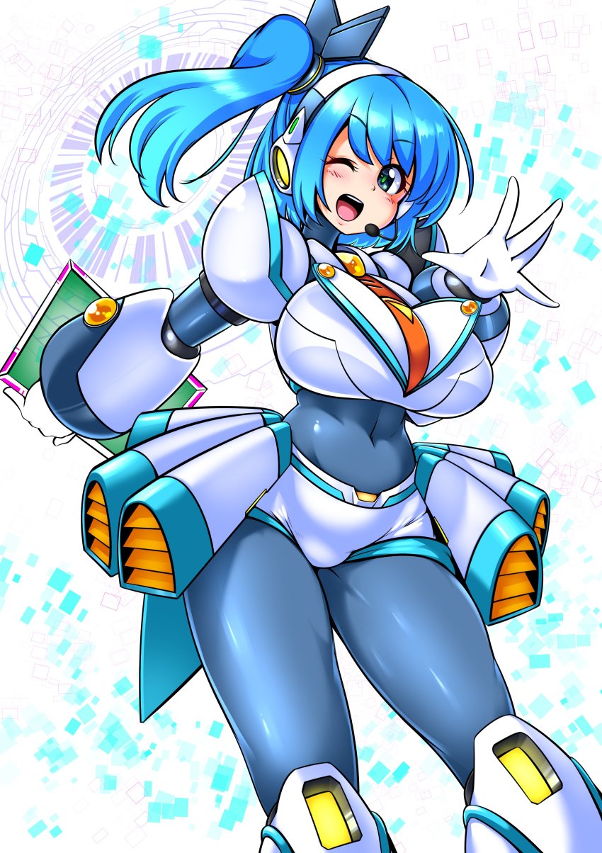 1girl absurdres android armor blue_eyes blue_hair blush bodysuit breasts headphones highres holding large_breasts long_hair looking_at_viewer mega_man_x_(series) mega_man_x_dive navigator open_mouth rico_(mega_man) ryoi short_hair shorts side_ponytail smile solo