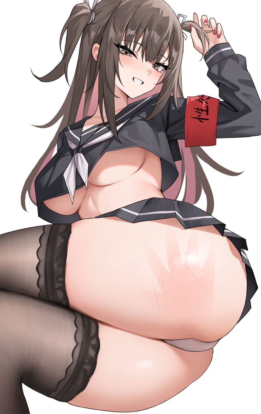 1girl absurdres armband ass black_sailor_collar black_shirt black_thighhighs blush breasts brown_eyes brown_hair chinese_commentary colored_inner_hair commentary_request grin hair_ribbon highres holding holding_own_hair hundun_no_bifang large_breasts long_hair long_sleeves looking_at_viewer lying miniskirt multicolored_hair nail_polish neckerchief no_bra on_side original panties pink_hair pleated_skirt red_armband red_nails ribbon sailor_collar school_uniform serafuku shirt simple_background skirt slap_mark smile solo spanked thighhighs thighs two-tone_hair two_side_up underboob underwear white_background white_neckerchief white_panties white_ribbon