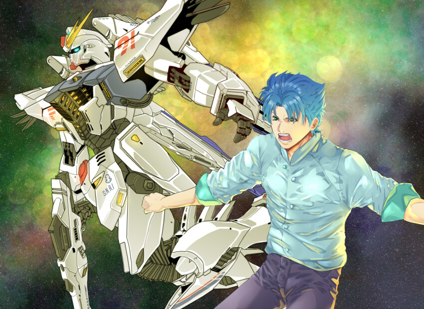 1boy angry beam_rifle blue_eyes blue_hair character_name commentary_request earth_federation energy energy_gun f91_gundam green_eyes gundam gundam_f91 machinery mecha nebula psycho_frame puu_maru realistic robot roundel science_fiction seabook_arno shouting space spiked_hair star_(sky) v-fin weapon zero_gravity