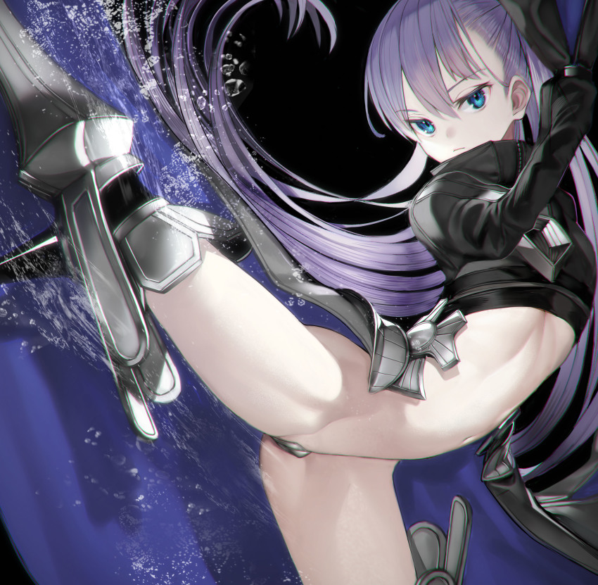 1girl absurdres armored_boots black_background blue_eyes boots chromatic_aberration closed_mouth crotch_plate expressionless fate/extra fate/extra_ccc fate_(series) female_focus high_collar highres leg_up long_hair long_sleeves looking_at_viewer meltryllis_(fate) navel nyatabe purple_hair revealing_clothes shrug_(clothing) simple_background sleeves_past_fingers sleeves_past_wrists solo spikes splashing standing standing_on_one_leg thigh_boots thighhighs thighs very_long_hair waist_cape water