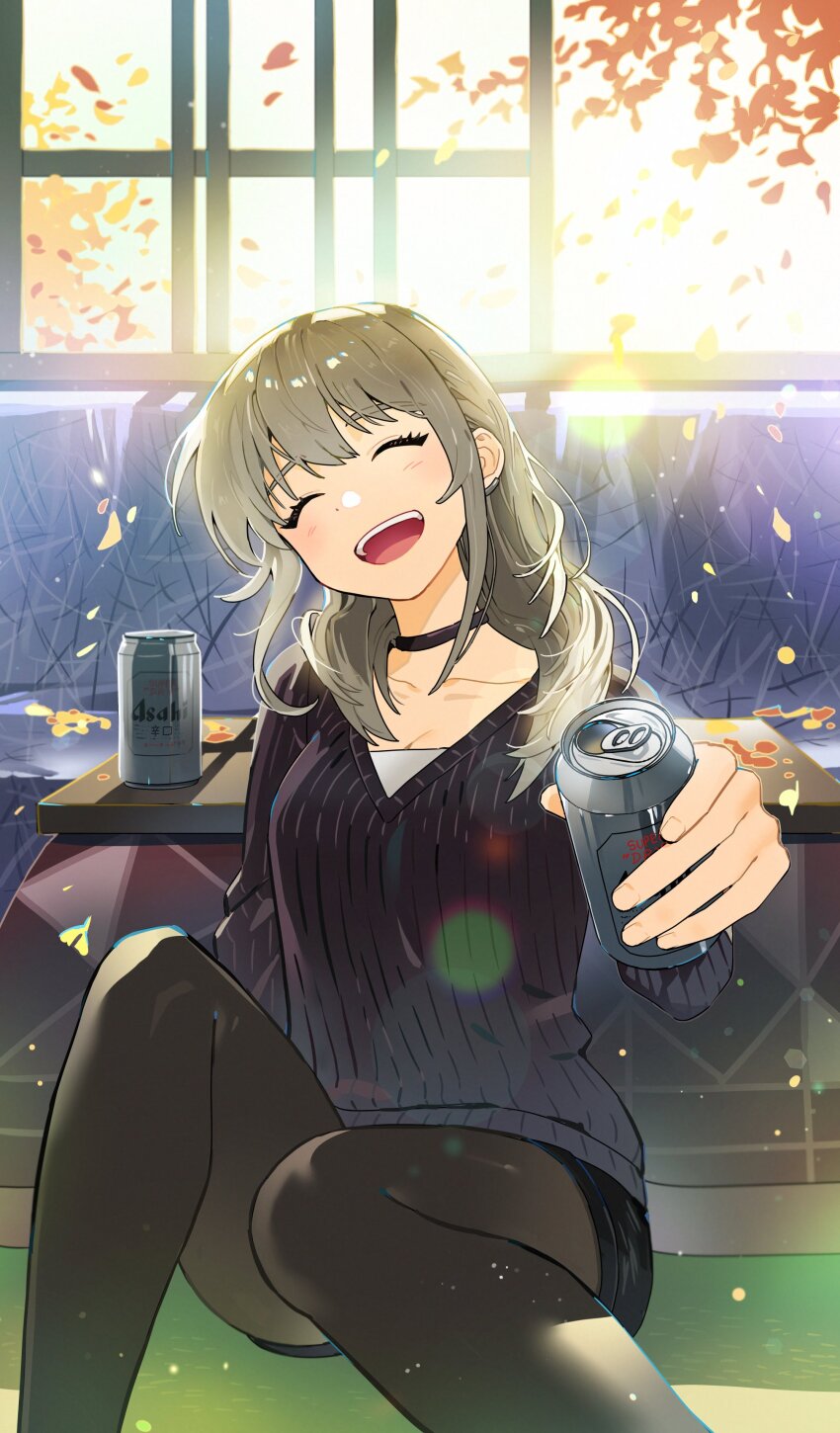 1girl absurdres asahi_breweries beer_can black_pantyhose black_shorts blush can closed_eyes commentary_request couch drink_can earclip girls_band_cry grey_hair habsida_(habsida_hpy) highres holding holding_can indoors kawaragi_momoka korean_commentary long_hair open_mouth pantyhose pantyhose_under_shorts shorts sidelocks smile solo table teeth textless_version upper_teeth_only