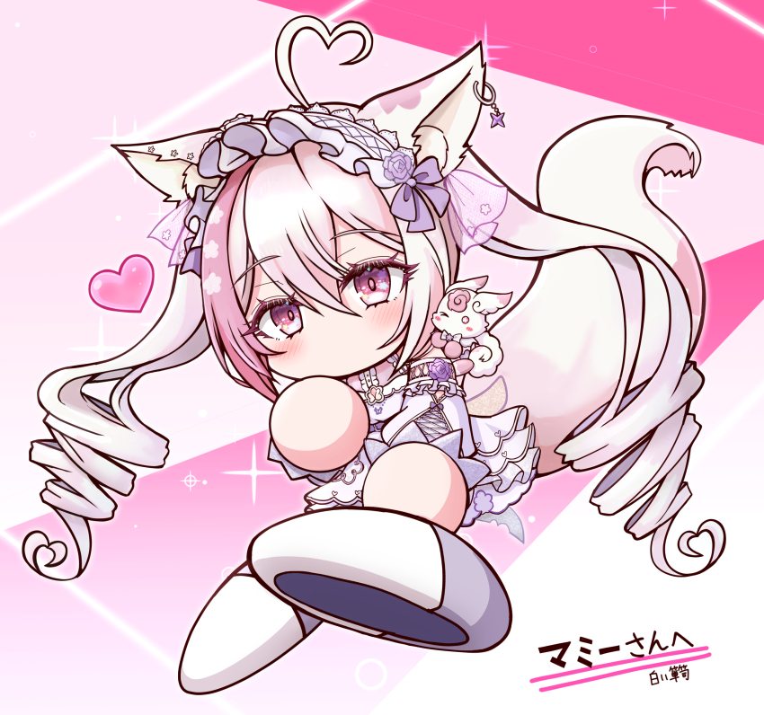 1girl absurdres ahoge animal_ear_piercing animal_ears artist_name blush chibi chibi_only commission dress drill_hair felicia_lulufleur frilled_hairband frills full_body hairband heart heart_ahoge highres indie_virtual_youtuber jikkyou_powerful_pro_yakyuu_(style) long_hair multicolored_background multicolored_hair no_mouth parody pink_background pink_hair purple_eyes rayman_limbs shiroi_tansu skeb_commission solo streaked_hair stuffed_toy style_parody tail twin_drills two-tone_hair virtual_youtuber white_background white_hair