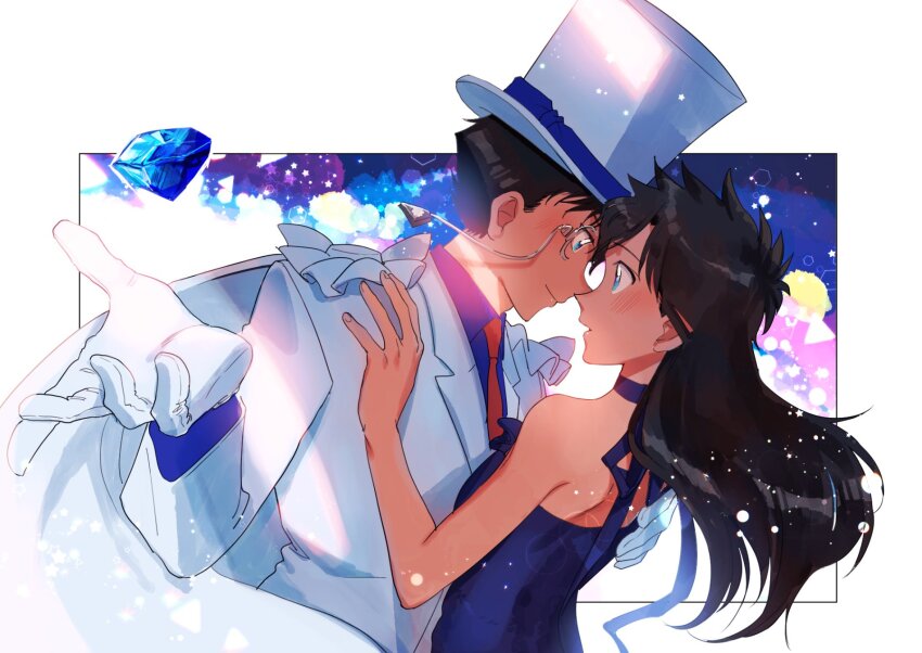 1boy 1girl black_hair blue_dress blue_shirt commentary_request czech_gana dress eye_contact gem gloves hat highres jacket kaitou_kid long_hair looking_at_another magic_kaito meitantei_conan monocle nakamori_aoko profile shirt turtleneck turtleneck_dress upper_body white_gloves white_hat white_jacket