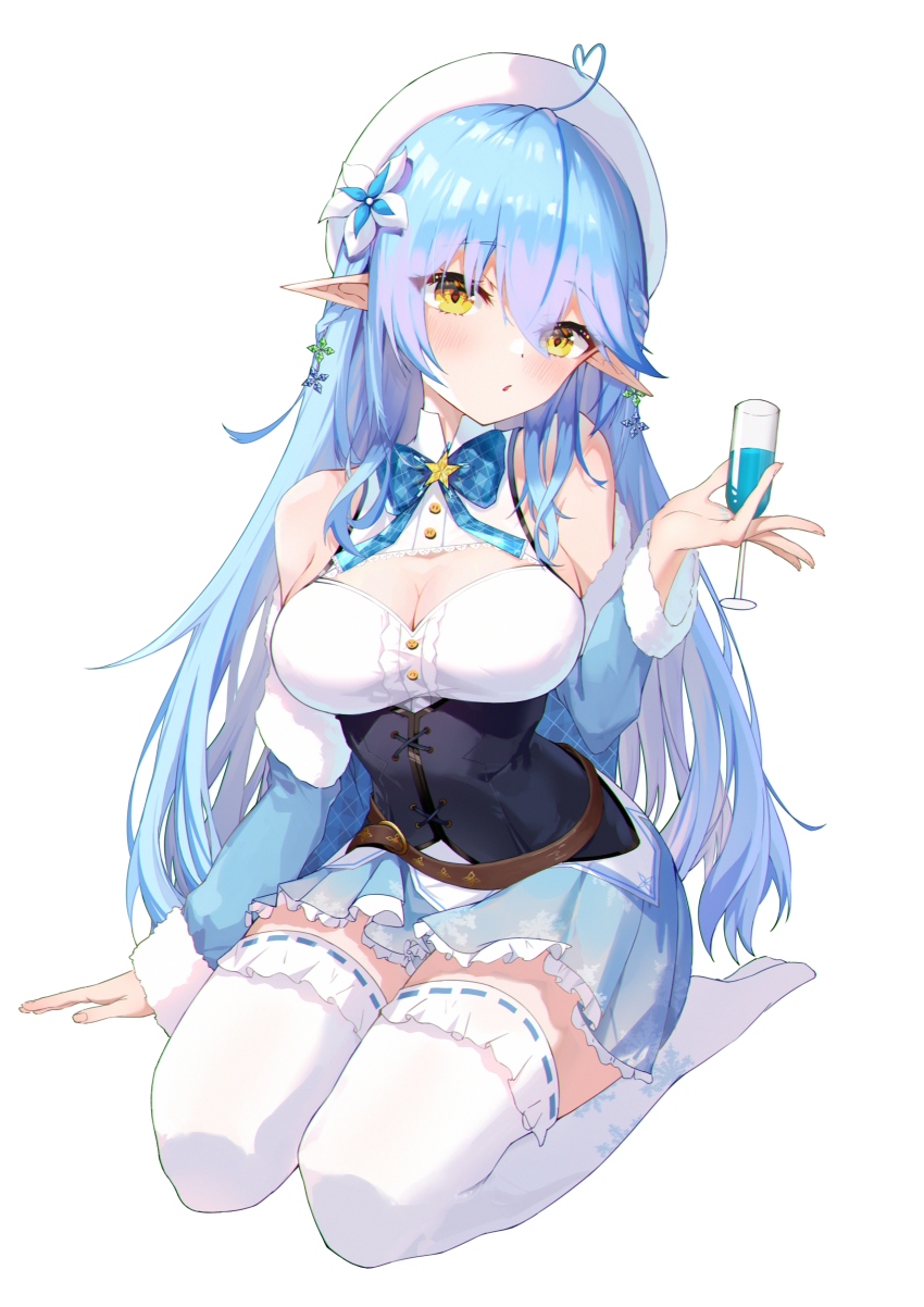 1girl absurdres ahoge arm_support belt beret black_corset blue_bow blue_bowtie blue_coat blue_hair blue_skirt blush bow bowtie breasts brown_belt bsmycc center_frills champagne_flute cleavage cleavage_cutout clothing_cutout coat colored_tips commentary corset cup double-parted_bangs drinking_glass flower frilled_shirt frilled_skirt frilled_thighhighs frills full_body fur-trimmed_coat fur_trim hair_between_eyes hair_flower hair_ornament half_up_braid hat head_tilt heart heart_ahoge highres holding holding_cup hololive invisible_floor lace lace-trimmed_thighhighs lace_trim large_breasts leather_belt long_hair looking_at_viewer miniskirt multicolored_hair no_shoes off_shoulder parted_lips plaid_bow plaid_bowtie plaid_clothes pleated_skirt pointy_ears seiza shirt simple_background sitting skirt sleeveless sleeveless_shirt snowflake_print solo streaked_hair thighhighs underbust very_long_hair virtual_youtuber white_background white_hat white_shirt white_thighhighs yellow_eyes yukihana_lamy yukihana_lamy_(1st_costume)