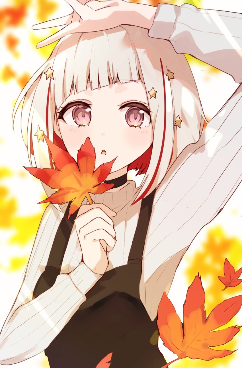 1girl absurdres arm_up autumn_leaves black_choker blurry blurry_background bob_cut choker colored_inner_hair diagonal_bangs grey_hair grey_sweater hair_ornament highres holding holding_leaf inverted_bob leaf link!_like!_love_live! looking_at_viewer love_live! maple_leaf multicolored_hair nagisa_iori o-ring o-ring_choker official_alternate_costume pink_eyes red_hair short_hair solo star_(symbol) star_hair_ornament streaked_hair sweater upper_body virtual_youtuber yugiri_tsuzuri