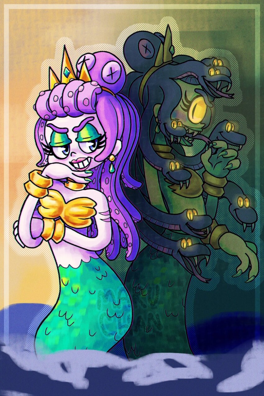 1girl cala_maria_(cuphead) cala_maria_(cuphead)_(cosplay) cosplay cuphead cuphead_(game) evil_grin evil_smile fingernails glowing glowing_eyes grin highres long_hair maruchanart mermaid monster_girl sharp_fingernails slit_pupils smile snake_hair solo tiara trolls_(series) velvet_(trolls)