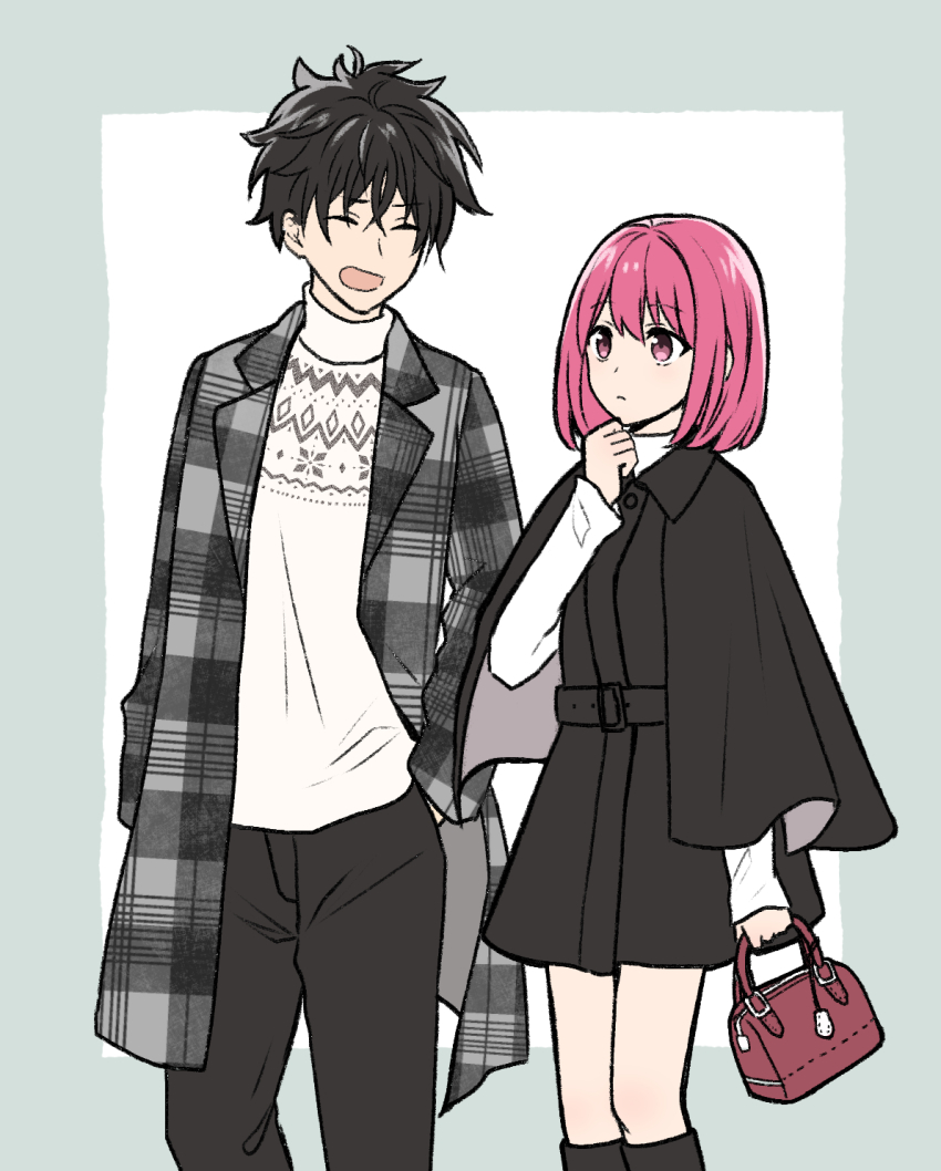 1boy 1girl :d arato_hisako bag black_cape black_jacket black_pants cape cowboy_shot feet_out_of_frame grey_background hand_in_pocket hand_up highres holding holding_bag jacket long_sleeves looking_at_another nakiri_asahi open_clothes open_jacket open_mouth pants pink_hair plaid_clothes plaid_jacket shokugeki_no_souma short_hair smile sweater toy-black white_background