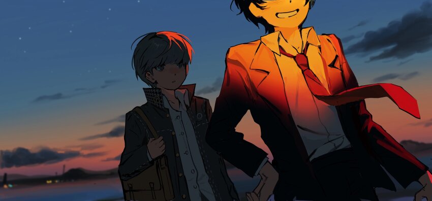 adachi_tooru bag black_hair black_jacket blurry blurry_background chun_baii cloud collared_shirt evening grey_eyes grey_hair grin hand_on_own_hip hashtag-only_commentary highres jacket long_sleeves male_focus mountain multiple_boys narukami_yuu necktie open_clothes open_jacket outdoors parted_lips persona persona_4 red_necktie school_uniform shirt sky smile star_(sky) sunset white_shirt yasogami_school_uniform