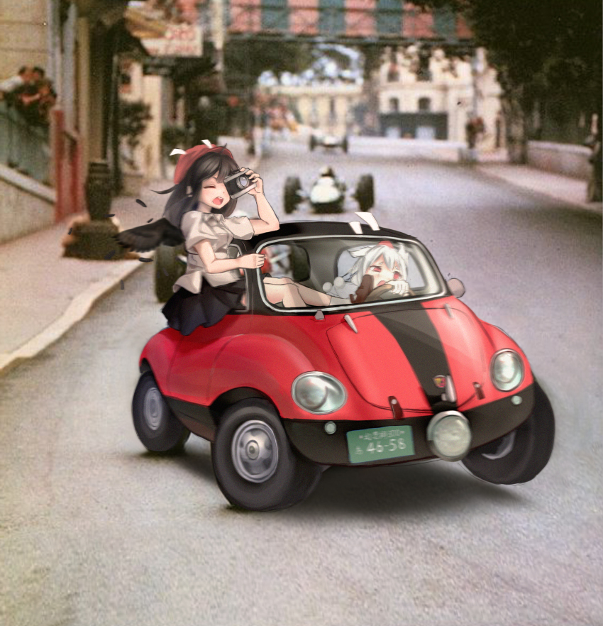 2girls :d abarth absurdres animal_ears black_skirt black_wings brown_footwear building camera car commentary_request feathered_wings feathers hat highres holding holding_camera inubashiri_momiji joeychen mary_janes motor_vehicle multiple_girls open_mouth outdoors photo_background pleated_skirt pom_pom_(clothes) puffy_short_sleeves puffy_sleeves racing red_hat road shameimaru_aya shirt shoes short_hair short_sleeves sitting skirt smile socks street taking_picture teeth tokin_hat touhou vehicle vehicle_focus white_hair wings wolf_ears