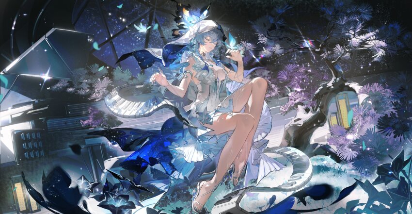 1girl absurdres bare_legs blue_butterfly blue_hair blue_nails blue_veil breasts bug butterfly butterfly_on_hand chinese_commentary cleavage closed_eyes colored_eyelashes commentary_request dress hair_between_eyes hand_up highres indoors insect large_breasts legs long_hair nail_polish parted_lips purple_sky ruoganzhao sandals see-through_cleavage see-through_clothes sitting sky sleeveless sleeveless_dress solo shorekeeper_(wuthering_waves) toenail_polish toenails toes two-tone_veil veil white_dress white_veil wuthering_waves