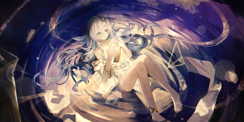 1girl 37_(reverse:1999) absurdres bare_shoulders barefoot blue_eyes commentary glowing grey_hair hair_between_eyes hands_up highres hyonee knees_up long_hair parted_lips reverse:1999 ripples single_strap solo very_long_hair water