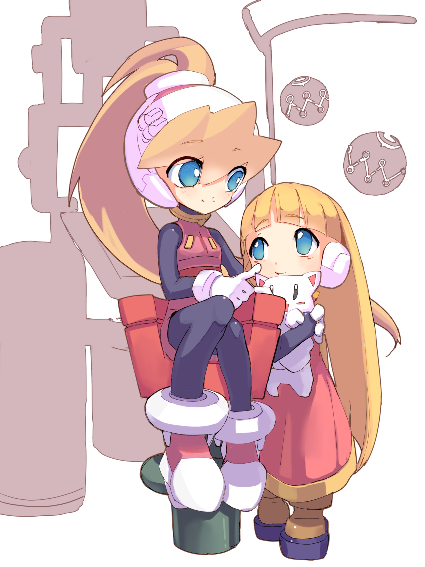 2girls absurdres alouette_(mega_man) black_bodysuit blonde_hair blue_eyes bodysuit chibi ciel_(mega_man) dress high_ponytail highres holding holding_stuffed_toy long_hair looking_at_another mega_man_(series) mega_man_zero_(series) multiple_girls omochi_(mochi_skymega) pink_dress pink_shirt pink_skirt robot_ears shirt sitting skirt stuffed_animal stuffed_cat stuffed_toy