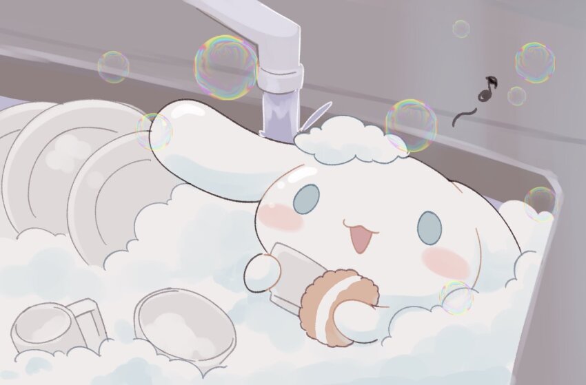 blue_eyes blush bubble cinnamoroll cleaning creature cup dog floppy_ears fuwa_fuwa_cinnamoroll mug musical_note no_humans open_mouth plate reimentyuru sanrio sink smile solo sponge water