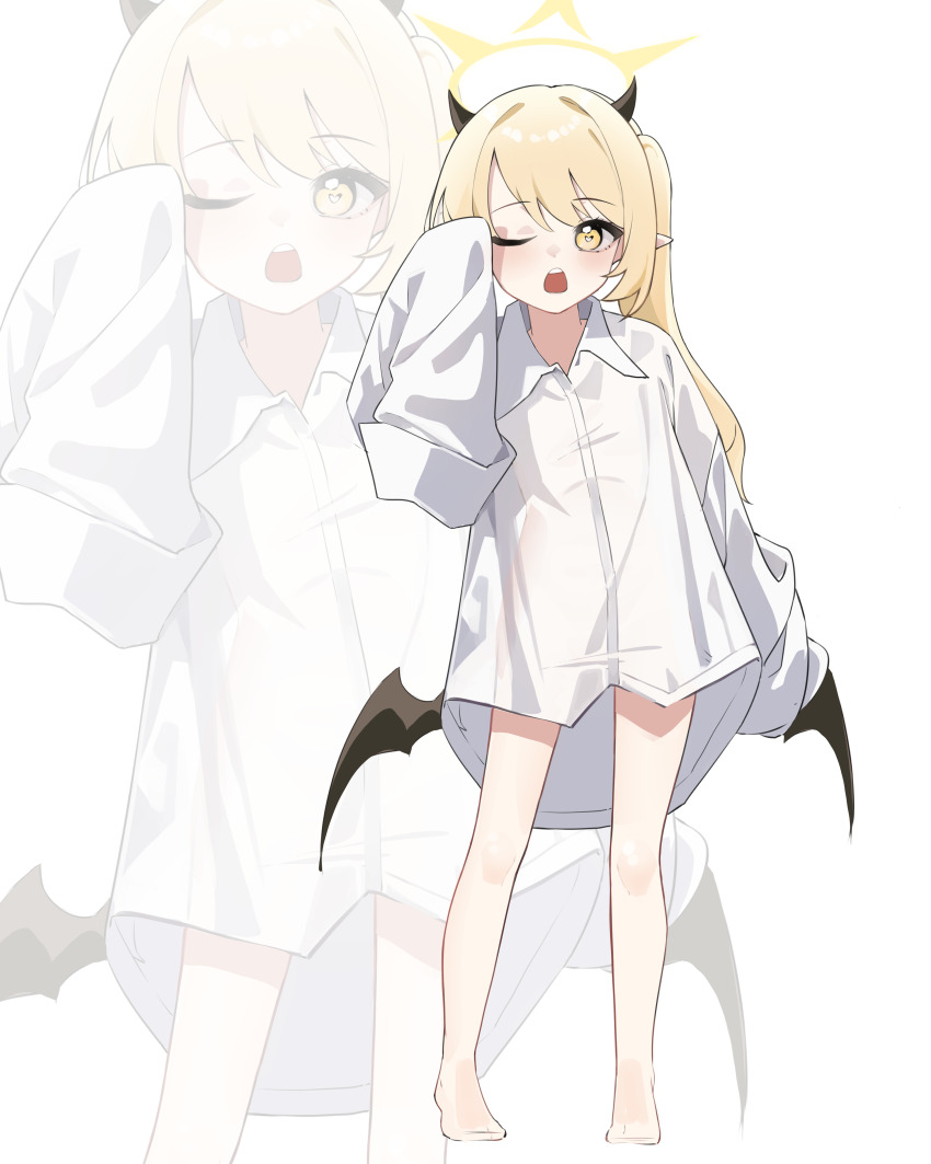 1girl ;o absurdres bare_legs barefoot blonde_hair blue_archive commentary_request demon_horns demon_wings halo highres horns ibuki_(blue_archive) ka_keo long_hair long_sleeves looking_at_viewer no_pants no_tail one_eye_closed oversized_clothes oversized_shirt pointy_ears see-through_silhouette shirt side_ponytail sleeves_past_fingers sleeves_past_wrists teeth upper_teeth_only very_long_hair white_background white_shirt wings yellow_eyes zoom_layer