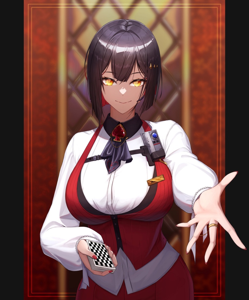 1girl absurdres ascot black_ascot black_hair breasts character_name closed_mouth colored_inner_hair commentary_request deck_of_cards fingernails gem goddess_of_victory:_nikke hair_between_eyes hair_ornament highres holding jewelry large_breasts long_fingernails long_sleeves looking_at_viewer multicolored_hair nail_polish name_tag outstretched_arm puffy_long_sleeves puffy_sleeves reaching reaching_towards_viewer red_gemstone red_hair red_nails red_vest ring rouge_(nikke) shirt short_hair siyeong smile solo spade_(shape) two-tone_hair upper_body vest white_shirt yellow_eyes