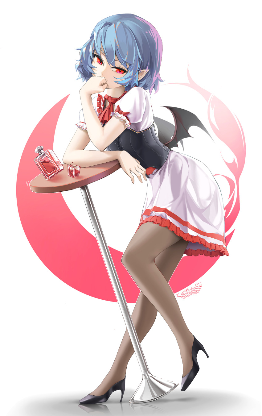 1girl absurdres ascot bat_wings blue_hair bow corset dress frilled_sleeves frills hat high_heels highres no_headwear pantyhose puffy_short_sleeves puffy_sleeves red_ascot red_eyes remilia_scarlet shadow short_sleeves simple_background solo spear_the_gungnir table touhou vrabius waist_bow white_background white_dress wings wrist_cuffs