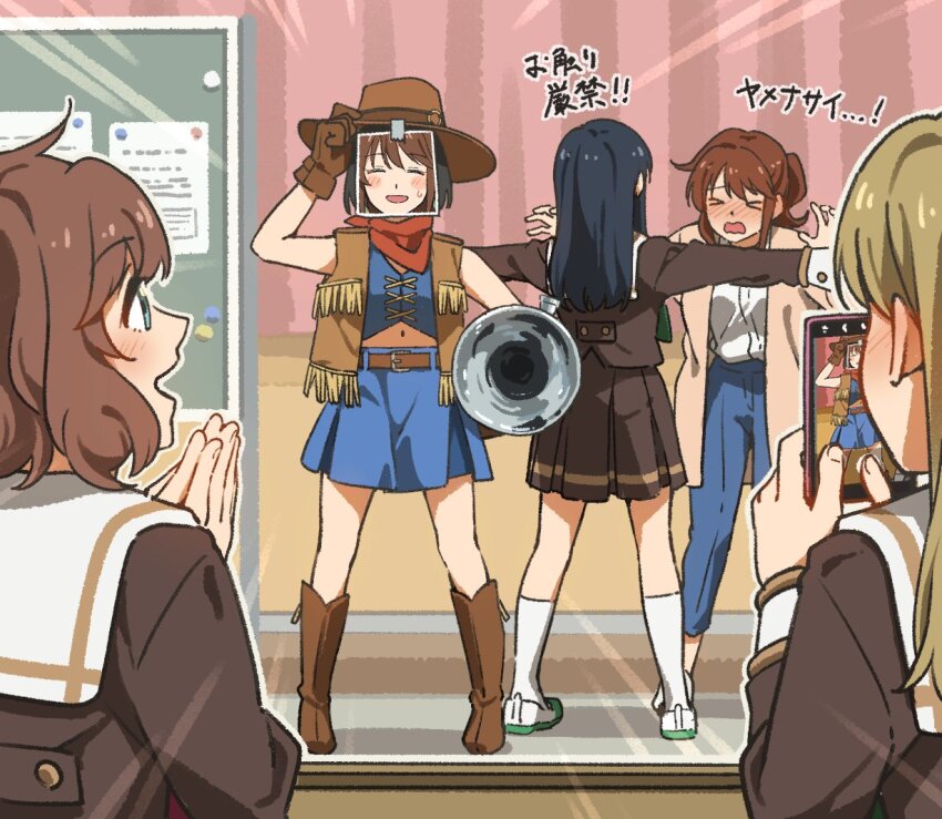 &gt;_&lt; 5girls aged_up blue_pants blush boots brown_gloves brown_jacket brown_skirt cellphone cowboy_boots cowboy_hat cowboy_western euphonium fuyuhino gloves hat hibike!_euphonium instrument jacket kitauji_high_school_uniform multiple_girls neckerchief oumae_kumiko pants phone photo_(object) red_neckerchief school_uniform shirt shoes skirt smartphone taking_picture teacher teacher_and_student white_shirt