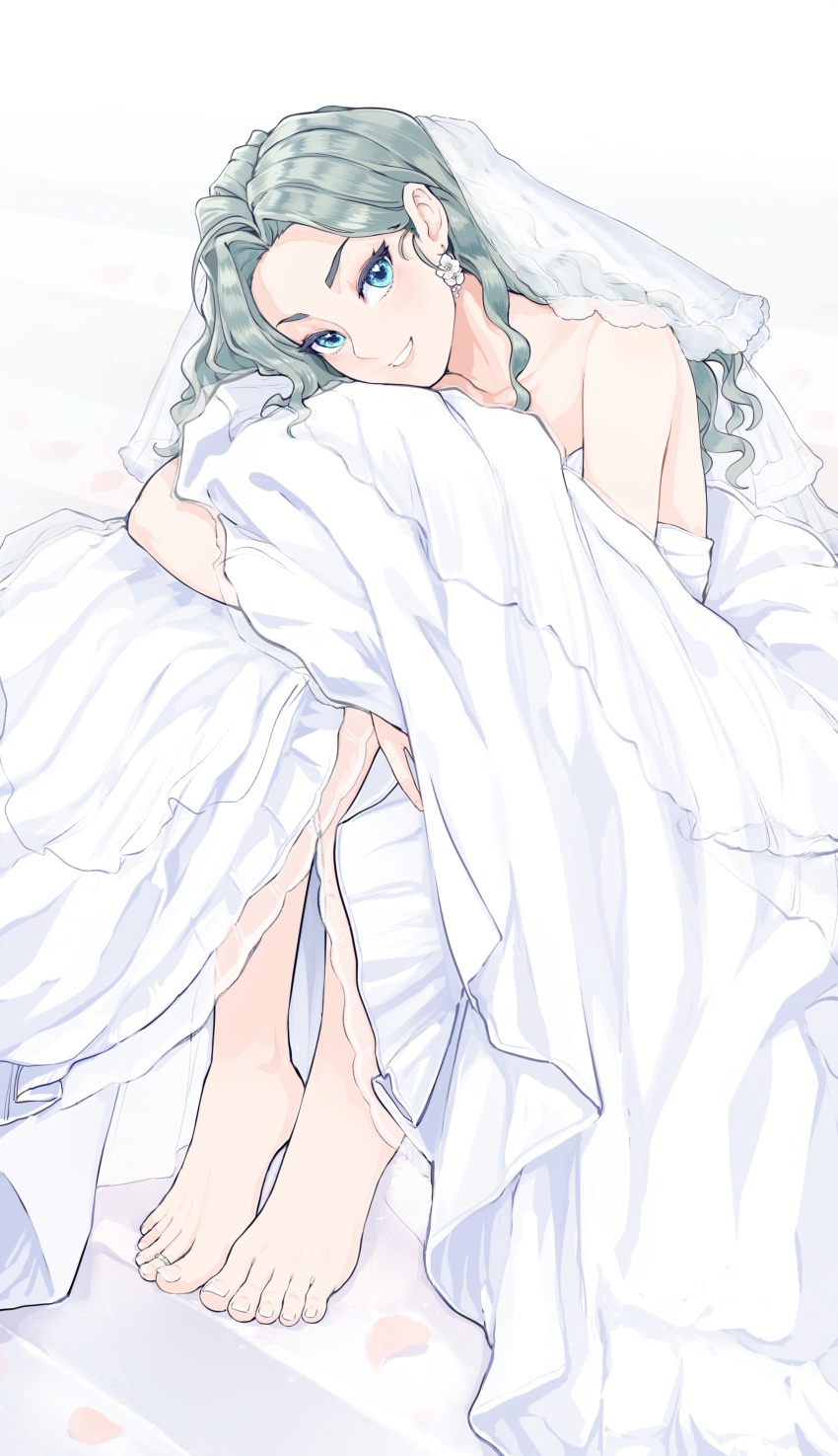 1girl absurdres barefoot beifeng_han blue_eyes dress feet green_hair grin highres jewelry light_blush long_hair looking_at_viewer original smile toe_ring toes wedding_dress