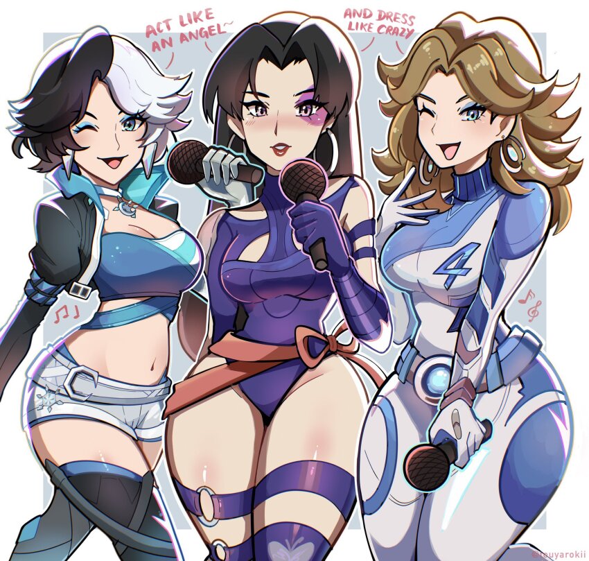 bare_shoulders black_hair black_jacket blonde_hair blue_eyes bodysuit breasts choker crop_top elbow_gloves fantastic_four fingerless_gloves gloves heterochromia highleg highleg_leotard highres jacket large_breasts leotard long_hair looking_at_viewer luna_snow marvel marvel_rivals multicolored_hair music navel one_eye_closed open_mouth psylocke psylocke_(vengeance) purple_eyes sash short_hair shorts singing smile split-color_hair sue_storm superhero_costume thighhighs touyarokii two-tone_hair white_hair x-men