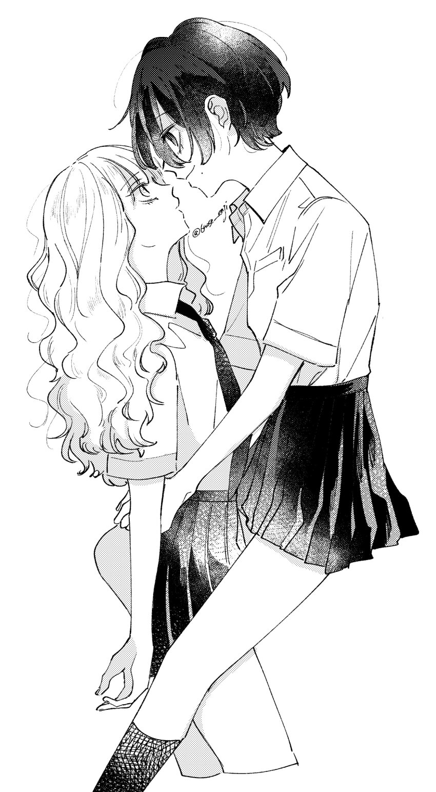 2girls 6noseenji absurdres between_legs collared_shirt commentary_request eye_contact greyscale hand_on_another&#039;s_waist highres kneehighs long_hair looking_at_another mole mole_under_mouth monochrome multiple_girls necktie original parted_lips pleated_skirt school_uniform shirt short_hair short_sleeves skirt smile socks yuri