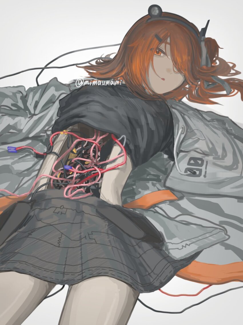 1girl a.i._voice adachi_rei android black_footwear black_skirt cable cowboy_shot flat_chest hair_ornament hair_ribbon hairclip headband headlamp highres invisible_floor jacket looking_at_viewer lying mimaumami on_back on_floor open_clothes open_jacket orange_eyes orange_hair parted_lips radio_antenna ribbon shirt shirt_partially_removed skirt solo utau white_jacket white_ribbon