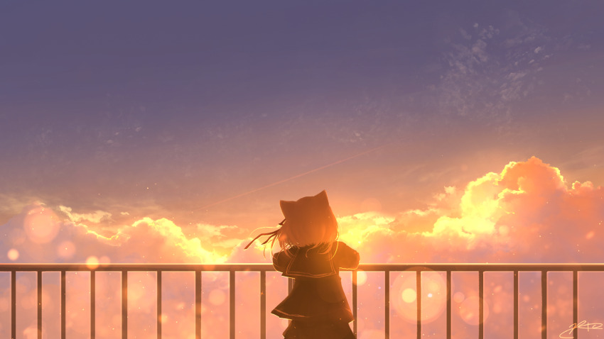 1girl animal_ears black_sailor_collar black_shirt black_skirt cat_ears cloud cloudy_sky commentary_request dawn from_behind hair_ribbon highres looking_ahead morning original ribbon rune_xiao sailor_collar scenery school_uniform shirt signature skirt sky solo sun_glare