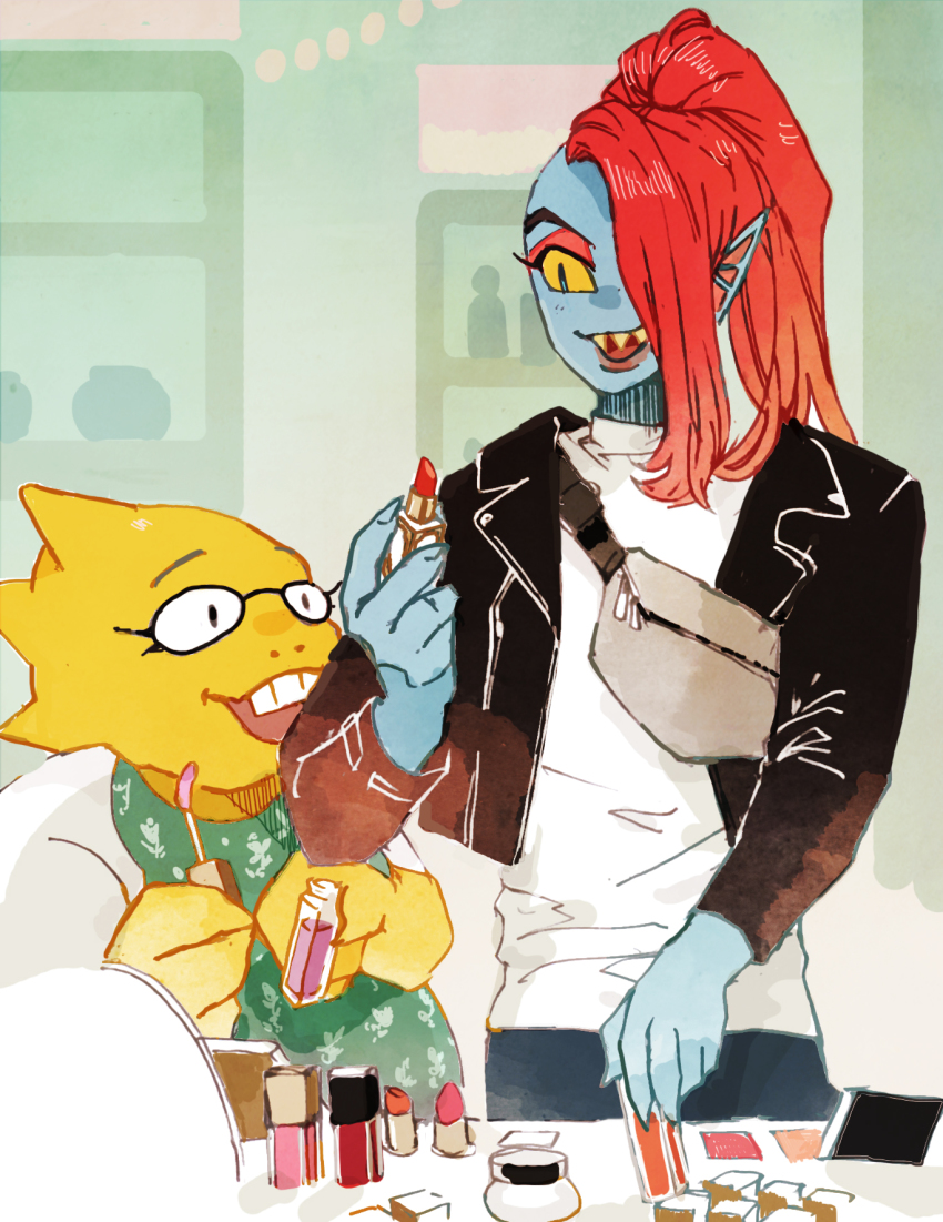 2girls alphys blue_skin colored_sclera colored_skin corogarucoromo cosmetics fins furry glasses head_fins highres jacket lipstick_tube makeup multiple_girls ponytail red_hair sharp_teeth teeth undertale undyne yellow_sclera yellow_skin