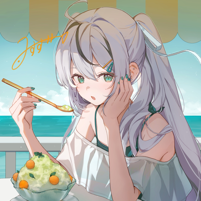 1girl ahoge black_hair blush bowl camisole commentary_request eating food glass_bowl green_camisole grey_hair hair_ornament hairclip holding holding_spoon horizon long_hair looking_at_viewer misuzu0342 multicolored_hair off_shoulder open_mouth original outdoors ponytail shaved_ice sidelocks signature solo spoon streaked_hair upper_body