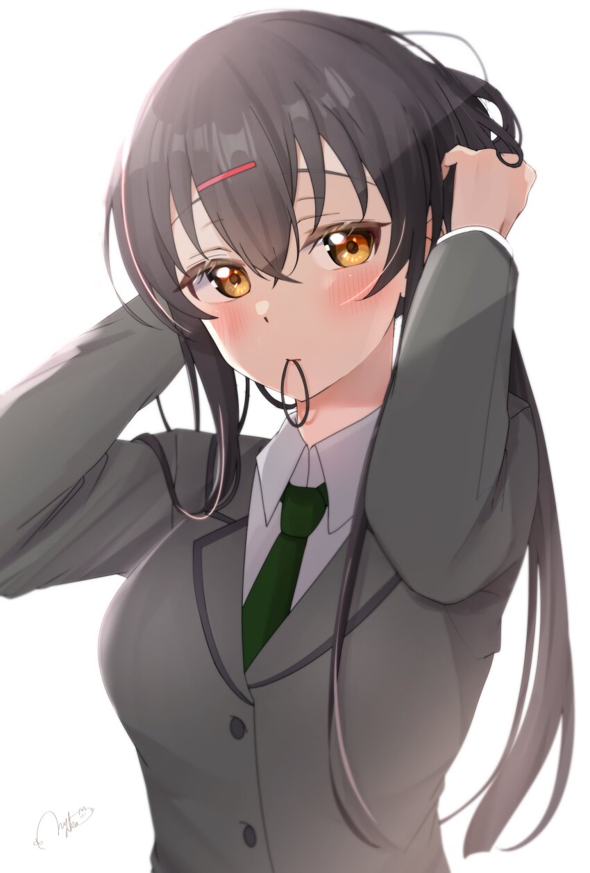 1girl absurdres akamine_ten black_hair breasts commentary crossed_bangs green_necktie grey_jacket hair_between_eyes hair_ornament hair_tie_in_mouth hairclip highres jacket large_breasts long_hair long_sleeves love_live! love_live!_nijigasaki_high_school_idol_club love_live!_nijigasaki_high_school_idol_club_the_movie_-_finale mouth_hold necktie nyako_(utaneko31) orange_eyes school_uniform simple_background single_sidelock solo tying_hair upper_body white_background