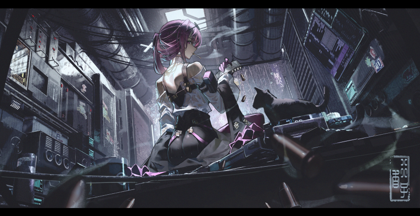 1girl absurdres black_cat black_jacket bullet cat ceiling_light cigarette closed_mouth collared_shirt commentary dutch_angle english_commentary eyewear_on_head from_behind from_below gloves hair_between_eyes harness high-waist_shorts highres holding holding_magazine_(weapon) honkai:_star_rail honkai_(series) indoors jacket jewelry kafka_(honkai:_star_rail) light_smile long_hair long_sleeves looking_at_viewer magazine_(weapon) original pantyhose pantyhose_under_shorts ponytail purple_eyes purple_gloves purple_hair round_eyewear screen shirt shorts sidelocks sideways_glance sitting smoking solo sunglasses tyhaya