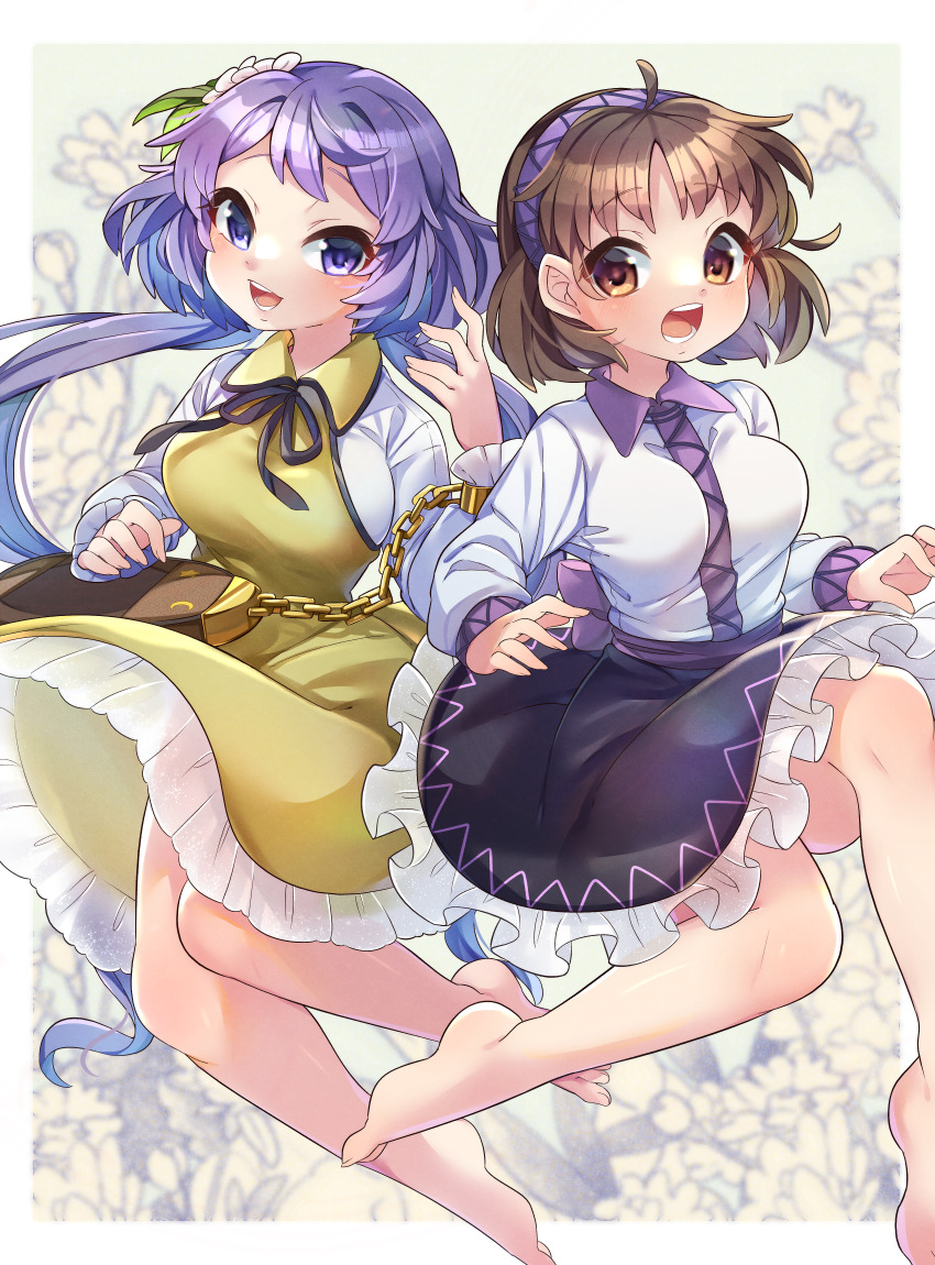 2girls :d absurdres ahoge bare_legs barefoot beamed_eighth_notes biwa_lute black_ribbon blush breasts brown_eyes brown_hair chain cuffs eighth_note fingernails flower full_body grey_background hair_behind_ear hair_flower hair_ornament hairband hand_up heart highres ibaraki_natou instrument knees long_sleeves looking_at_viewer lower_teeth_only lute_(instrument) multiple_girls musical_note neck_ribbon open_mouth purple_eyes purple_hair purple_hairband quarter_note ribbon shackles shirt siblings simple_background sisters small_breasts smile staff_(music) teeth toenails tongue touhou tsukumo_benben tsukumo_yatsuhashi upper_teeth_only white_background white_flower white_shirt wing_collar