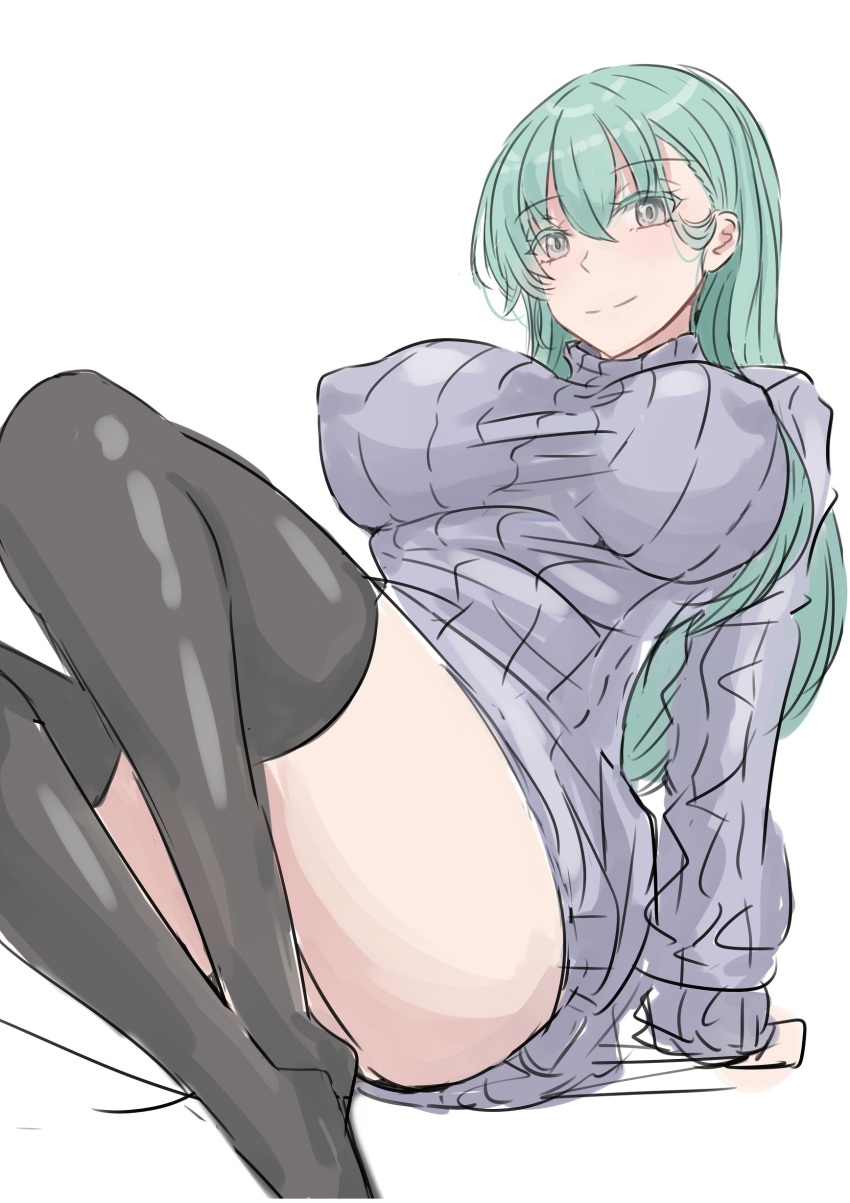 1girl absurdres alternate_costume black_thighhighs breasts feet_out_of_frame green_eyes grey_eyes grey_sweater highres kantai_collection ken_(shutenndouji1) large_breasts ribbed_sweater simple_background sitting smile solo suzuya_(kancolle) sweater thighhighs white_background