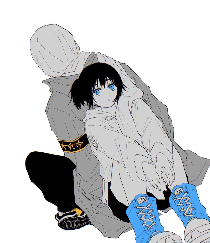 1boy 1girl back-to-back black_footwear black_hair blue_eyes blue_footwear boots choujin_x higashi_azuma_(choujin_x) highres hood hoodie military_uniform otta_ely_(choujin_x) rokuen_skd shoes signature sitting white_background white_hoodie