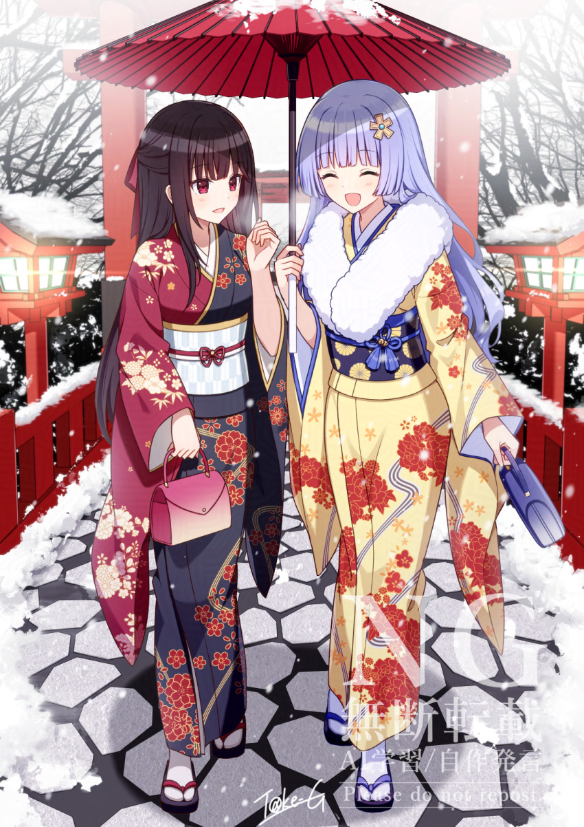 2girls alternate_costume bag black_hair blue_hair closed_eyes commission date_a_live hair_ornament hatsumoude highres izayoi_miku japanese_clothes kimono long_hair multiple_girls new_year open_mouth outdoors pavement red_eyes sandals skeb_commission smile snow t@ke-g tokisaki_kurumi wide_sleeves winter zouri