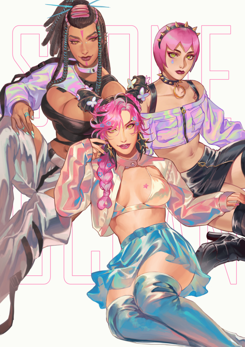 3girls asymmetrical_clothes breasts choker cleavage dreadlocks ermes_costello foo_fighters_(jojo) hair_ornament hairband hairpin highres jojo_no_kimyou_na_bouken kuujou_jolyne lipstick looking_at_viewer makeup multiple_girls nail_polish pink_hair skirt spiked_choker spiked_hairband spikes stone_ocean ultracat