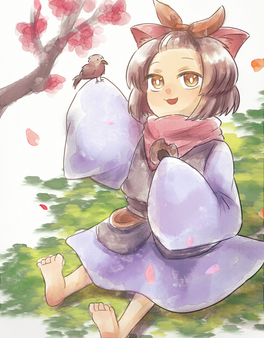 1girl absurdres animal_ears ash_blossom_&amp;_joyous_spring barefoot bird brown_hair cherry_blossoms cracker dog_ears duel_monster faux_traditional_media food forehead highres holding holding_food japanese_clothes kimono long_sleeves mamama_(mamama_open) medium_hair on_floor on_grass short_kimono sitting solo watercolor_effect white_kimono yellow_eyes yu-gi-oh!