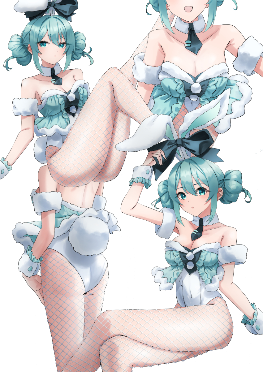 1girl absurdres amaama_(beccyonaika1) animal_ears aqua_eyes aqua_hair bare_shoulders bicute_bunnies_miku bicute_bunnies_miku_(white_bunny) breasts cleavage collarbone fake_animal_ears fake_tail fishnet_pantyhose fishnets hatsune_miku highres invisible_chair large_breasts leotard long_hair multiple_views pantyhose playboy_bunny rabbit_ears rabbit_tail sitting smile tail vocaloid white_leotard