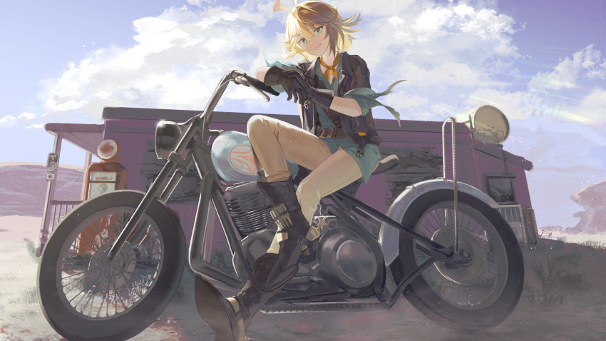 1girl ammunition_belt antenna_hair aqua_shirt belt black_footwear black_gloves black_jacket blonde_hair blue_eyes blue_sky boots brown_belt brown_pants building closed_mouth cloud cloudy_sky commentary_request cowboy_boots day desert dokibird_(vtuber) dokibird_(vtuber)_(bounty_hunter) fang gas_pump gas_station glint gloves hair_between_eyes hair_ornament highres indie_virtual_youtuber iva_(iva4111) jacket lens_flare light_smile looking_at_viewer motor_vehicle motorcycle mountain on_motorcycle open_clothes open_jacket outdoors pants shirt shoe_soles short_hair sitting skin_fang sky solo spurs untucked_shirt virtual_youtuber x_hair_ornament