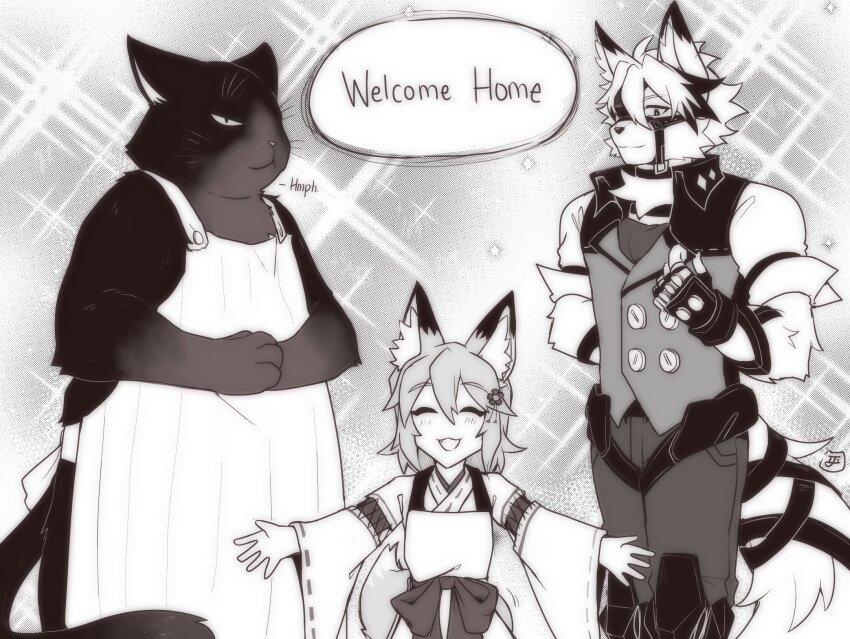 1girl 2boys animal_ear_fluff animal_ears apron body_fur cat_boy closed_eyes closed_mouth dekiru_neko_wa_kyou_mo_yuuutsu english_text fingerless_gloves fox_ears fox_girl fox_tail furry furry_male gloves greyscale highres japanese_clothes long_sleeves lontongs looking_at_viewer miko monochrome multiple_boys senko_(sewayaki_kitsune_no_senko-san) sewayaki_kitsune_no_senko-san short_hair smile speech_bubble standing tail vest von_lycaon wide_sleeves wolf_boy yukichi_(dekiru_neko_wa_kyou_mo_yuuutsu) zenless_zone_zero